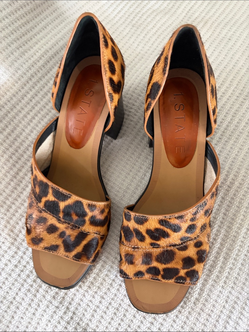 1. State Leopard Print Open-Toe Block Heels - Tan and Black